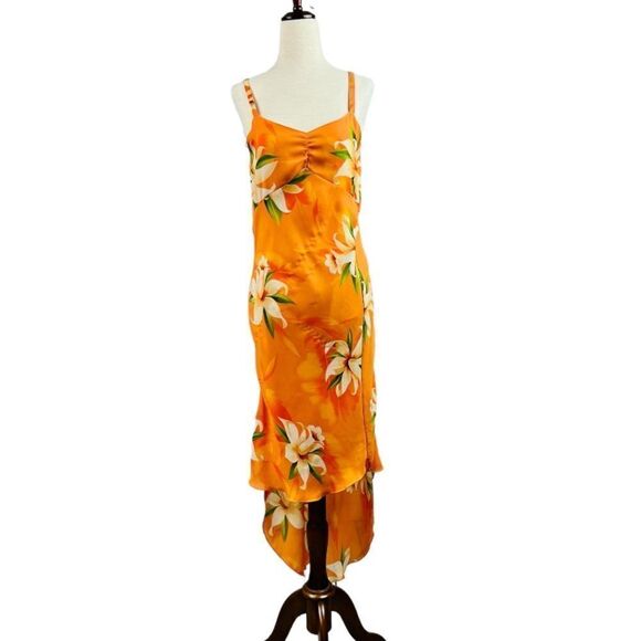 Vintage Y2K Nicolete Orange Tropical Aloha Hawaiian Hi-lo Maxi Dress - Picture 1 of 11